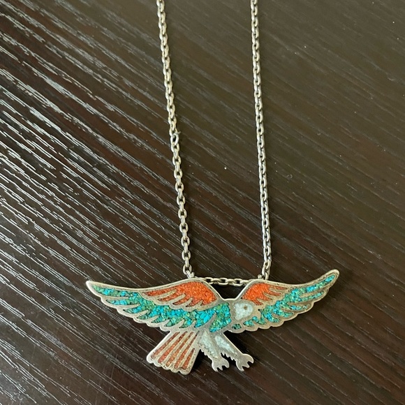 Vintage Silver Turquoise Coral Eagle Necklace - Picture 10 of 10